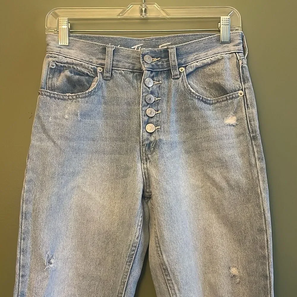 We The Free High Waisted Denim Jeans Rigid Raw Hem Button Fly Distressed Sz 24